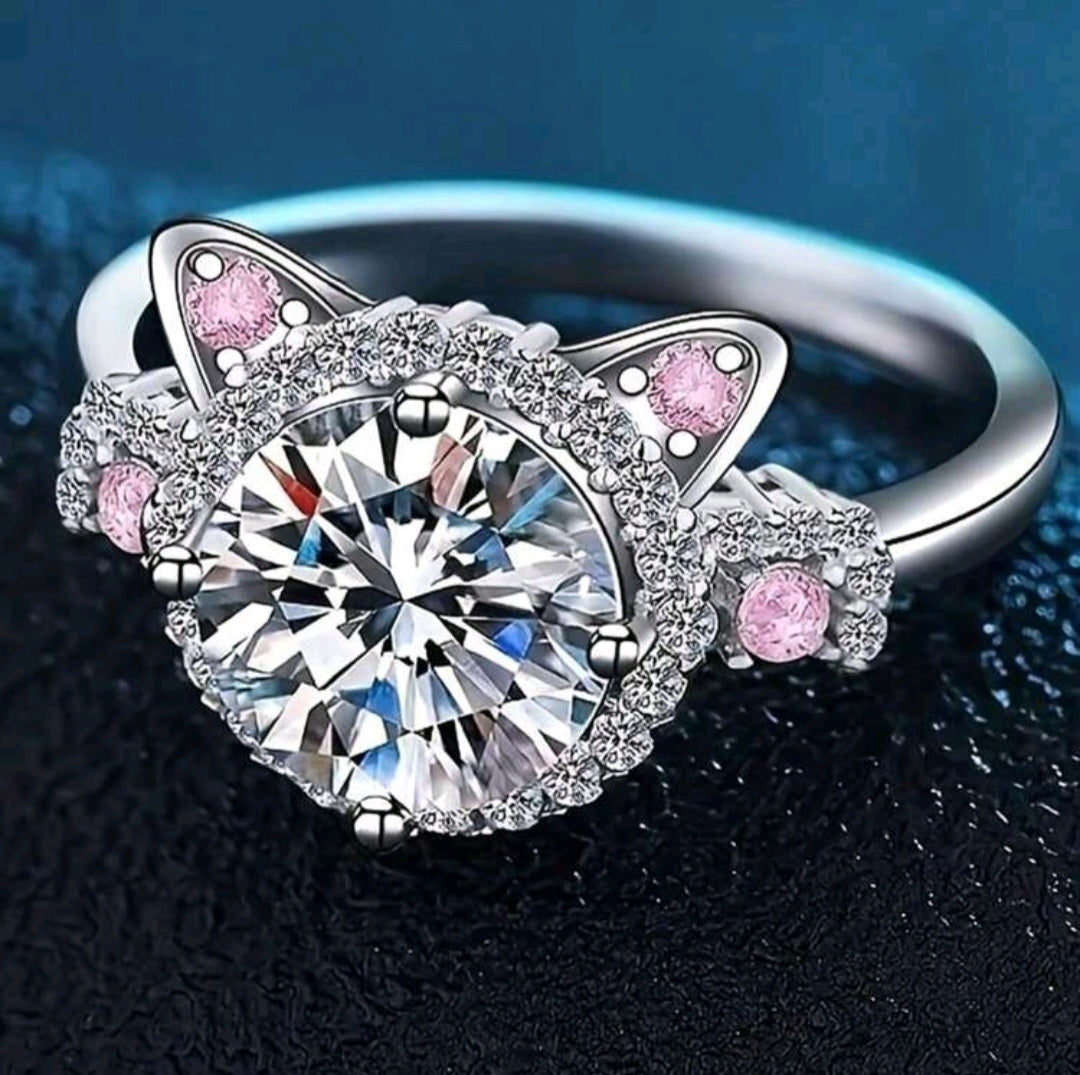 2 Carat Cat Solitaire Round Pink CZ Finger Ring for Women Dainty Sparkly Diamond Animal Statement Band Rings Fashion Jewelry