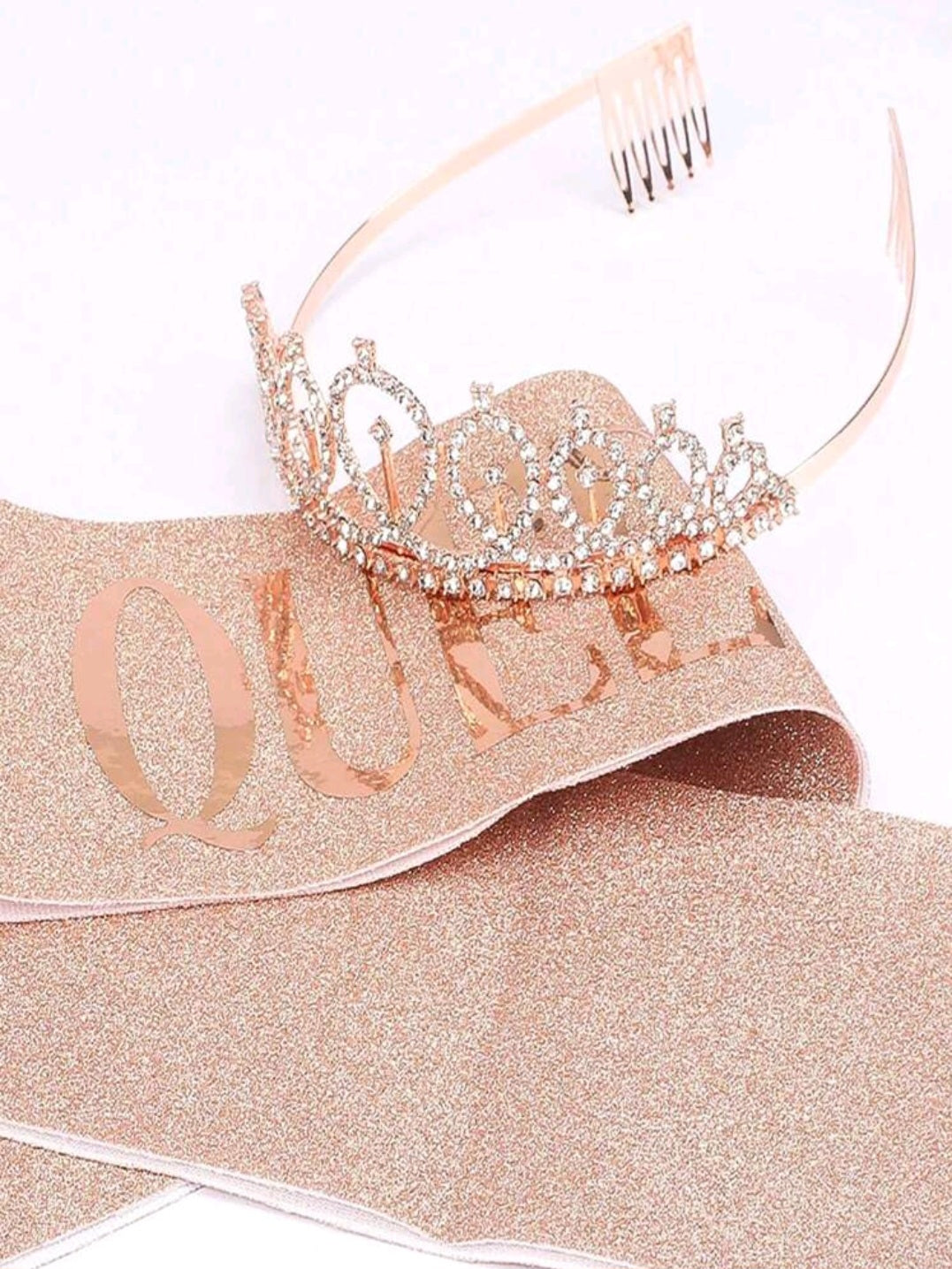 2pcs/Set Bling Rhinestone Crystal Rose Gold Crown Birthday Decoration Birthday Queen Satin Sash Party Supplies,Christmas