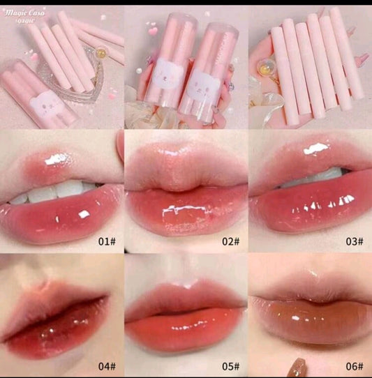5Pcs Bear Lip Glaze Jelly Lipstick,Liquid Lipstick Cute Bear Lipgloss Moisturizing Lip Stain Plumping Water Mirror Lip Gloss Waterproof Long Lasting Lip Tint