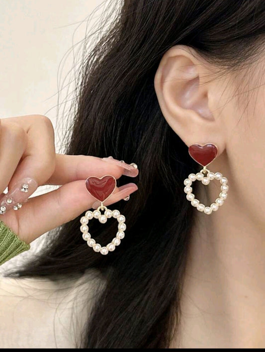 Vintage Wind Red Stud Earrings For W Imitation Pearl Geometric Earring Hers Party Wedding Jewelry Gift