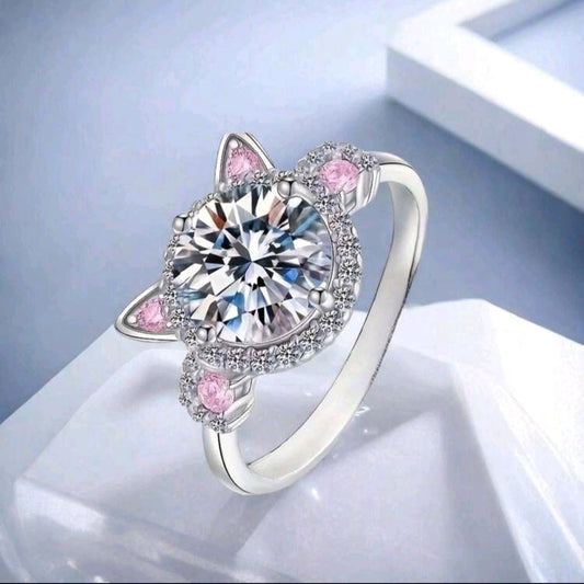 2 Carat Cat Solitaire Round Pink CZ Finger Ring for Women Dainty Sparkly Diamond Animal Statement Band Rings Fashion Jewelry