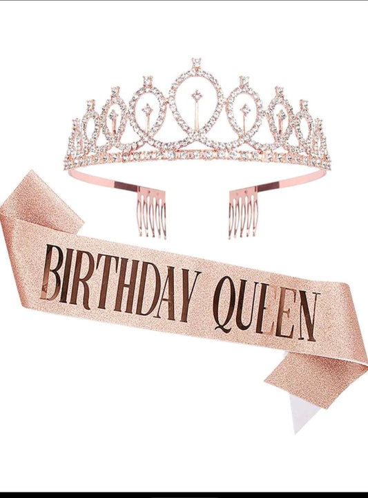 2pcs/Set Bling Rhinestone Crystal Rose Gold Crown Birthday Decoration Birthday Queen Satin Sash Party Supplies,Christmas